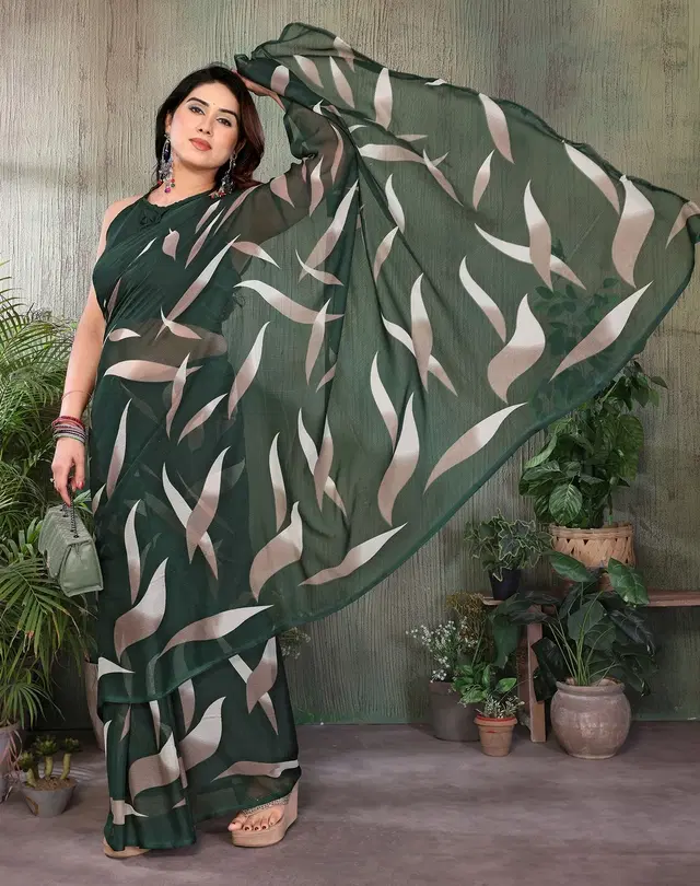 Georgette Saree for Women, Floral (Green, Free Size)