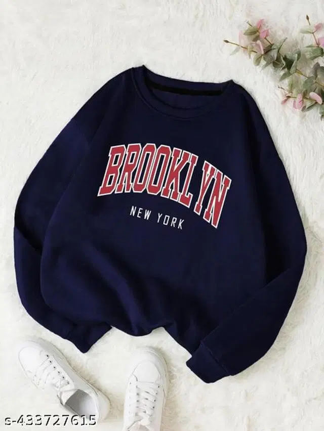 Fleece Printed Sweatshirt for Women (Navy Blue, S)