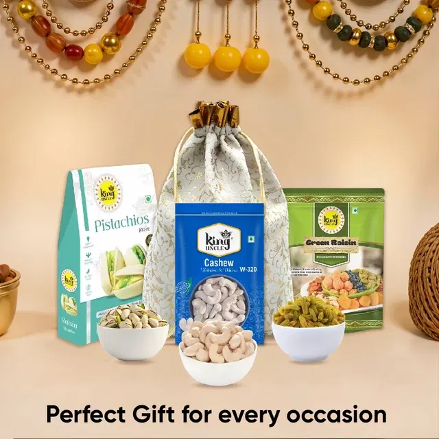 Gift Pack – Cashew 250 g, Green Kishmish 250 g, California Pista (Roasted & Salted) 100 g with Potli