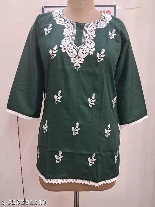 Floral Embroidered Rayon Kurti for Women (Green, S)