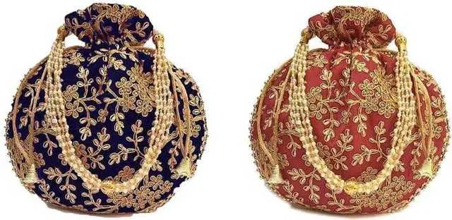 Cotton Silk Ethnic & Traditional Handheld Potli for Women, Blue & Red, Pack of 2, A-02