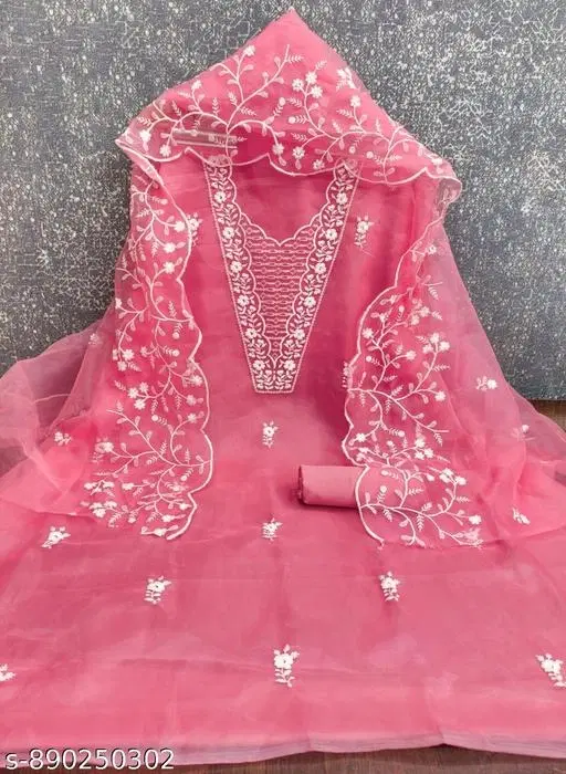 Organza Embroidered Gajari Lucknowi Suits for Women (Pink, Un Stitched)