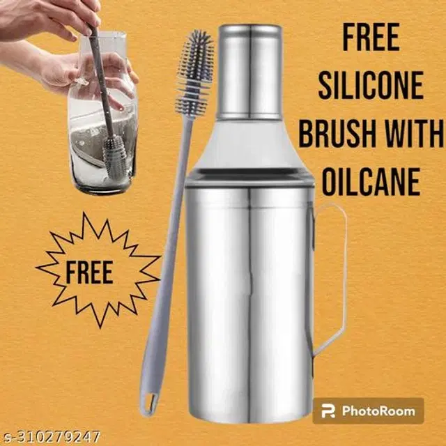 Oil Bottle with Handle & Cleaning Brush with Cleaning Brush, Set of 2, Silver, 1000 ml