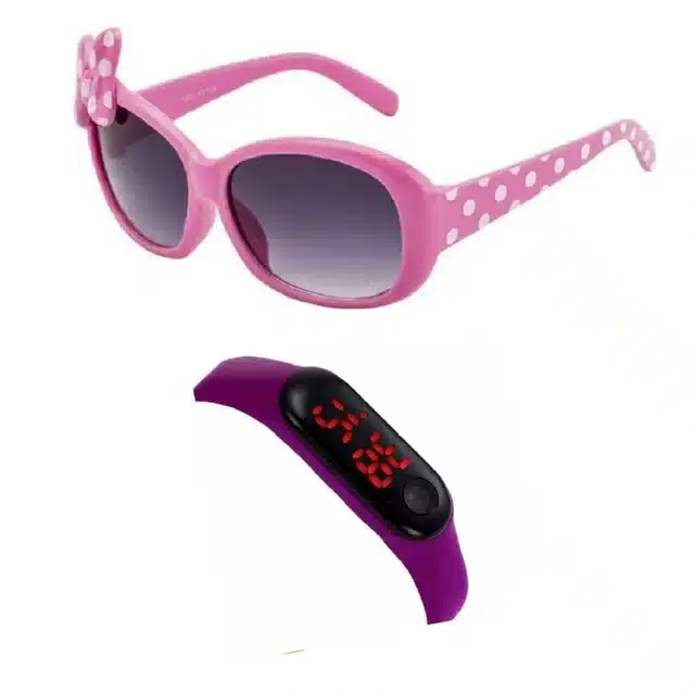 UV Protected Sunglass with Digital Watch for Boys & Girls, Set of 2 (Pink & Purple)