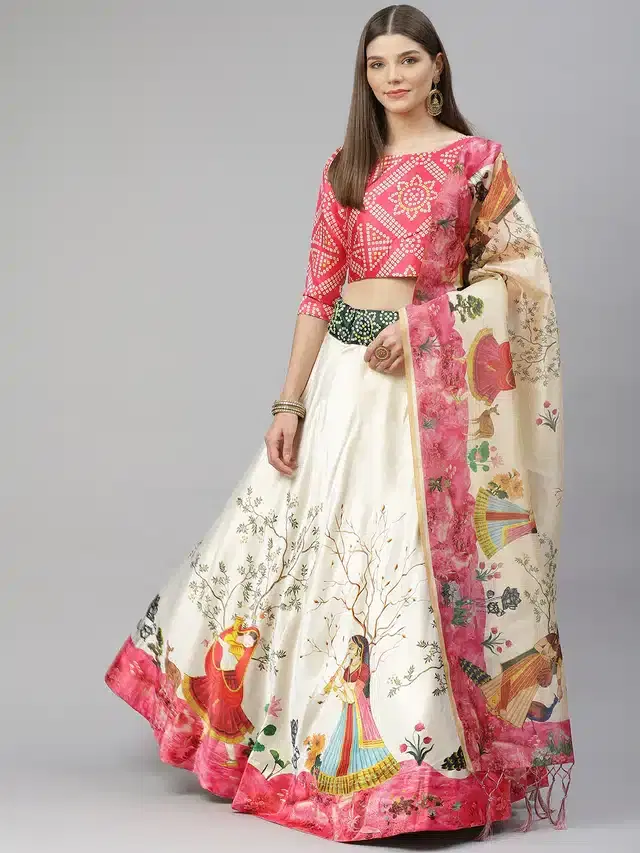 Digital Printed Unstitched Lehenga Choli for Women (Pink)