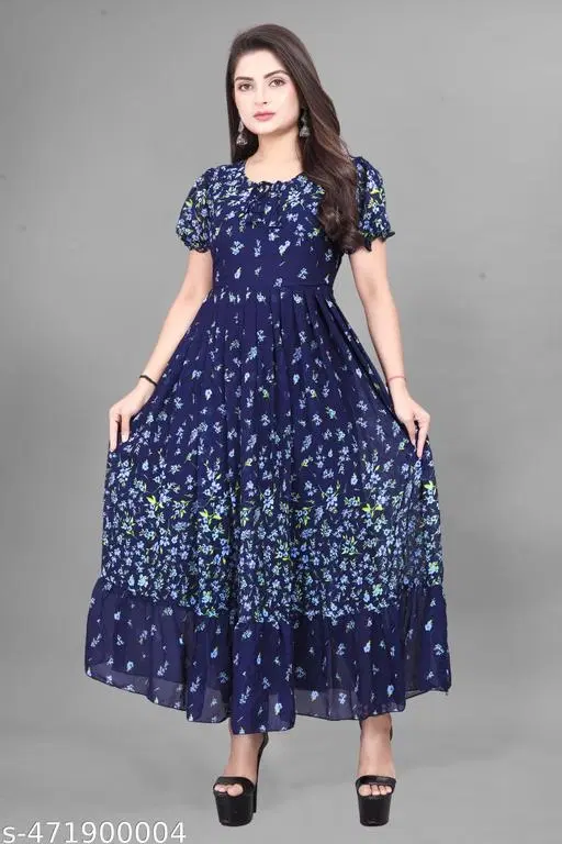 Floral Knee Length Dress for Women (Blue, 5XL)