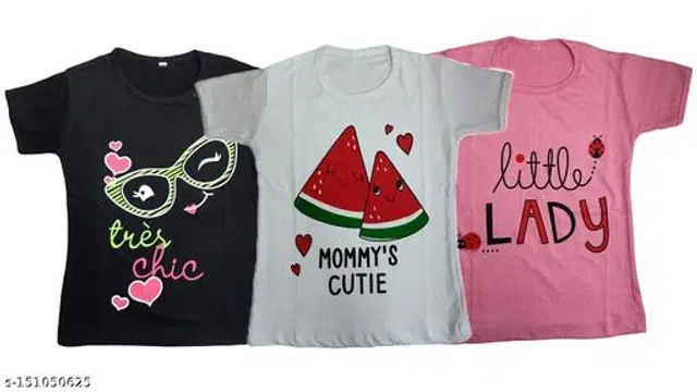 Round Neck Printed T-Shirt for Girls, Pack of 3 (Multicolor, 12-18 Months)