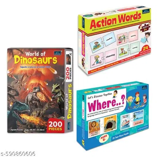 Action Words + Let's Discover Together Where + World Of Dinosaurs| Set of 3 - Engaging Puzzle Learning Fun for Kids!