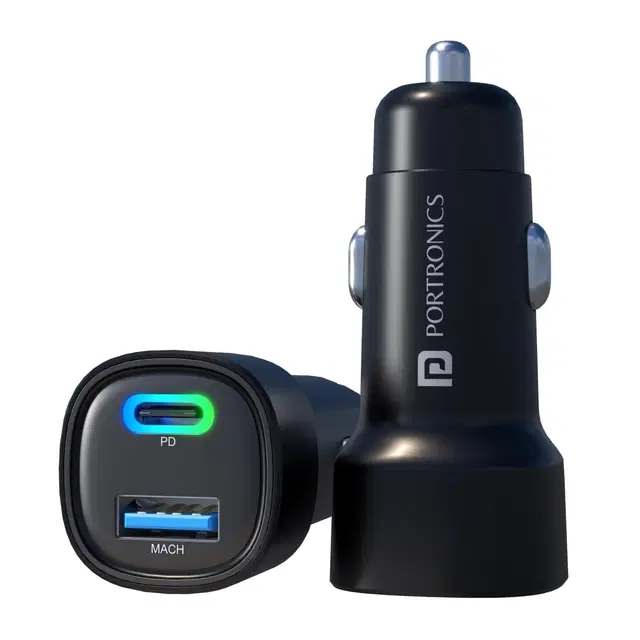 Portronics 30W Type-C Dual Output Fast Car Charger ,Black