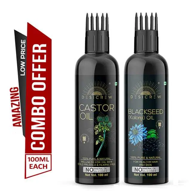 Desi Crew Cold Pressed Pure Castor Oil & Blackseed Oil, Pack Of 2, 100 ml, KGE-131