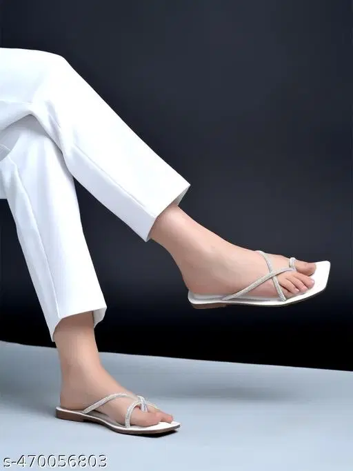 Embellished Synthetic Flat Sandals for Women (White, IND-3)