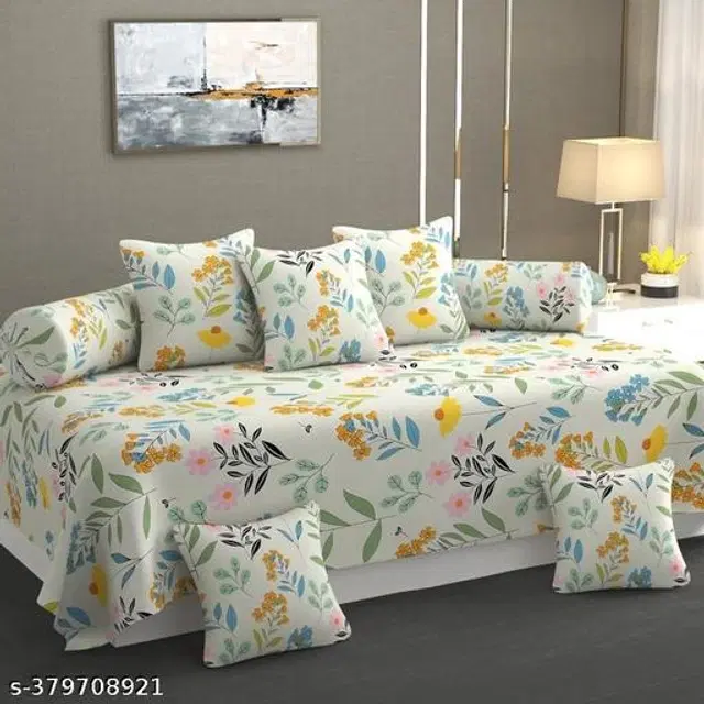 Glace Cotton Printed Diwan Cover Set, White, Pack of 8