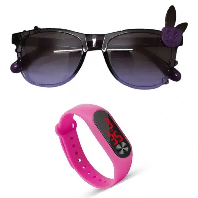 UV Protected Sunglass with Digital Watch for Boys & Girls, Set of 2 (Purple & Pink)