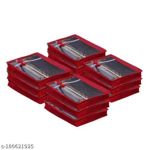 KANUSHI® Set of 12 Pc Flower Design Transparent Saree Cover/Bag with Stainless Steel Zip Lock Combo (Red) (Large)…
