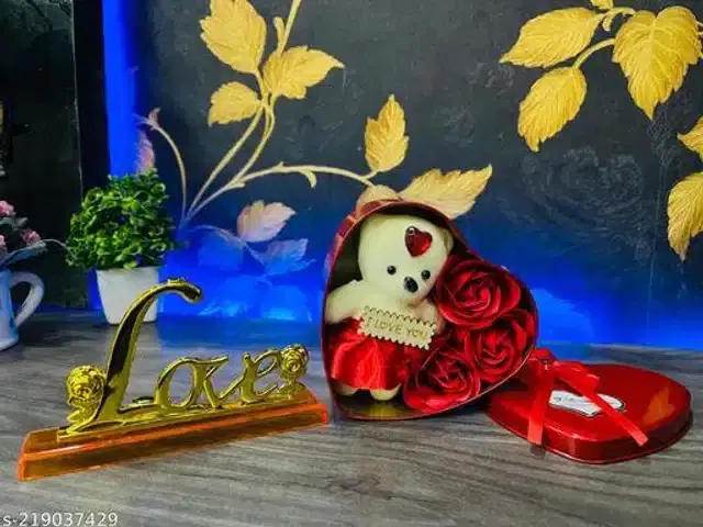 Heart Shape Gift Box With TeddyRose & Love Stand, Red