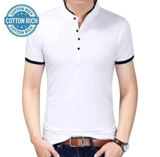 Cotton Blend Mandarin Collar Solid T-Shirt for Men, White (L)