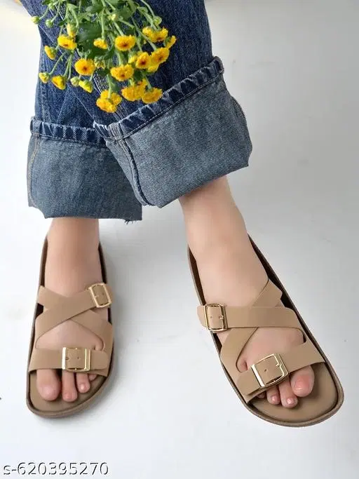 Shoetopia Beige Solid Flat Sandals (Size IND-7)