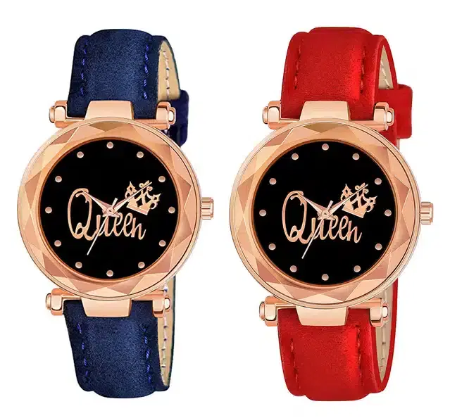 Designer Leather Analog Watch for Women & Girls, Pack of 2 (Blue & Red)