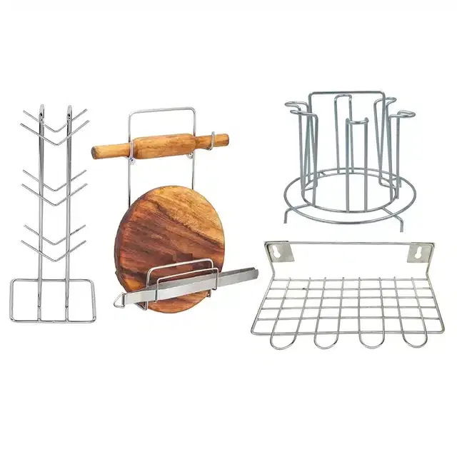 Stainless Steel Cup Stand & Glass Holder with Chakla Belan Stand & Utensil Holder, Set of 4, Silver