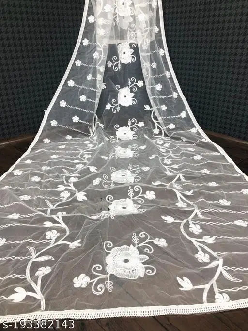 Botanical Embroidered Net Dupatta for Women (White, Free Size)