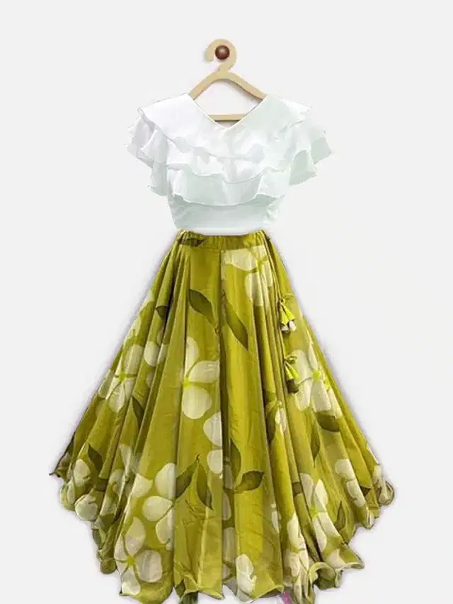 Digital Printed Lehenga Choli for Girls (White & Green, 11-12 Years)