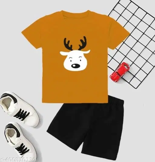 Cotton Blend Printed Clothing Set for Boys, Mustard (4-5 Years)