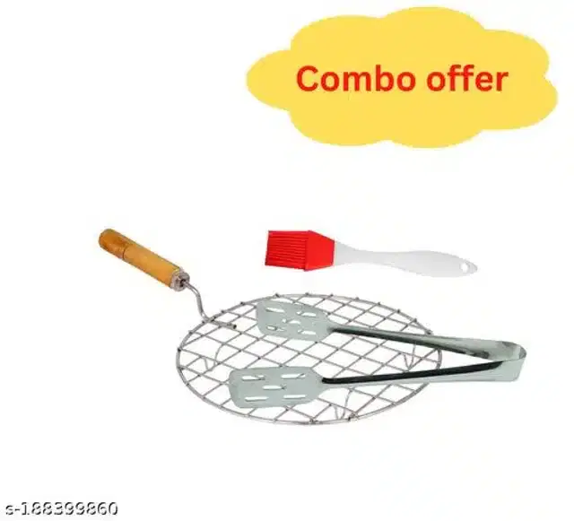 Stainless Steel BBQ Grill with Cooking Tong & Oil Brush, Red & Silver, Set of 3