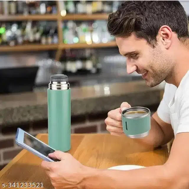 Stainless Steel Water Bottle with 2 Pcs Cups, Green, Set of 2