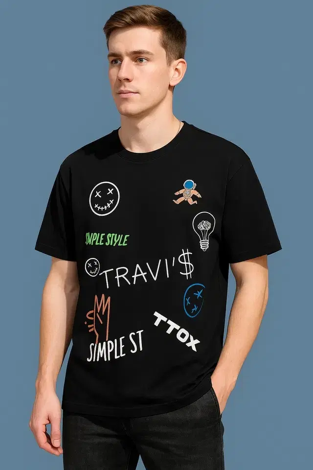 Round Neck Printed T-Shirt for Men, Black (XL)