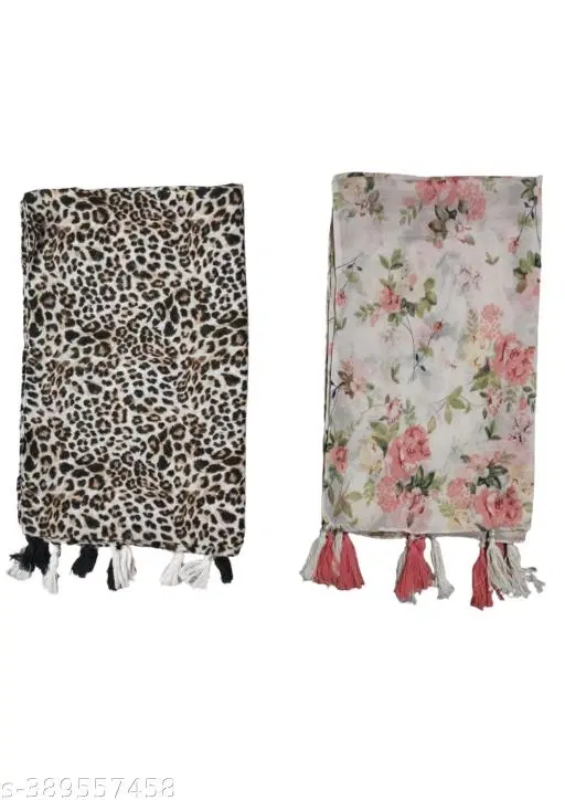 Poly Chiffon Printed Scarves for Women, White, Pack of 2