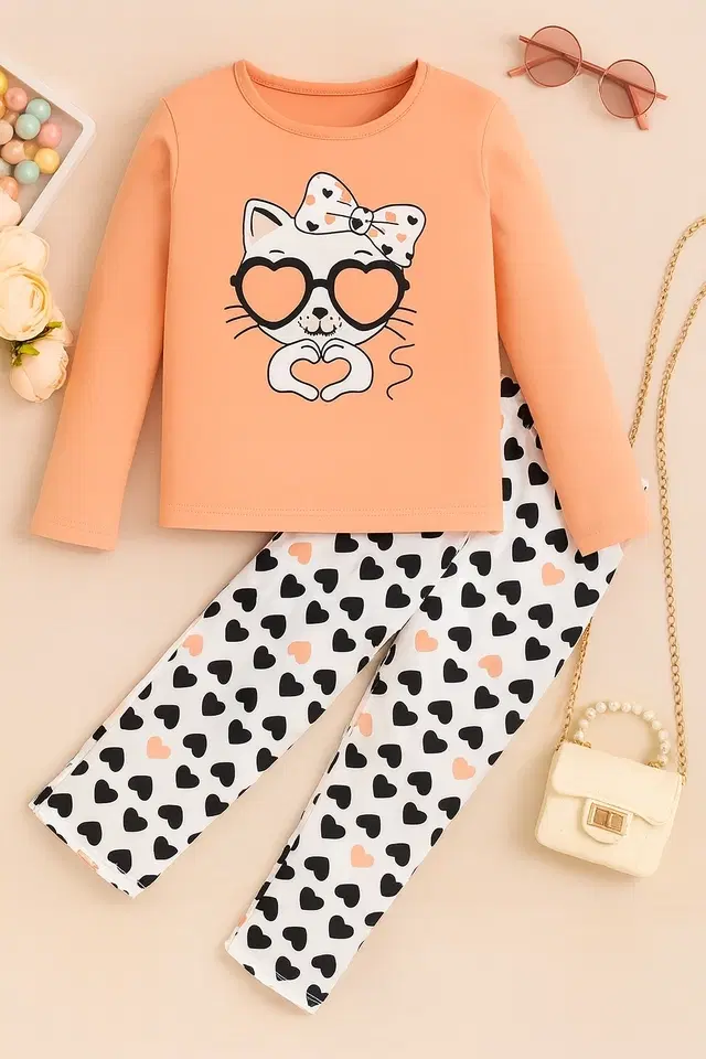 Hoisery Printed Clothing Set for Girls (Peach, 3-4 Years)