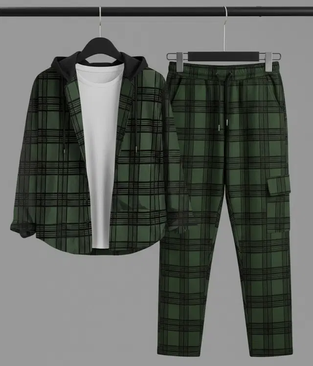 Check Printed Night Suit For Men  Green , (M)