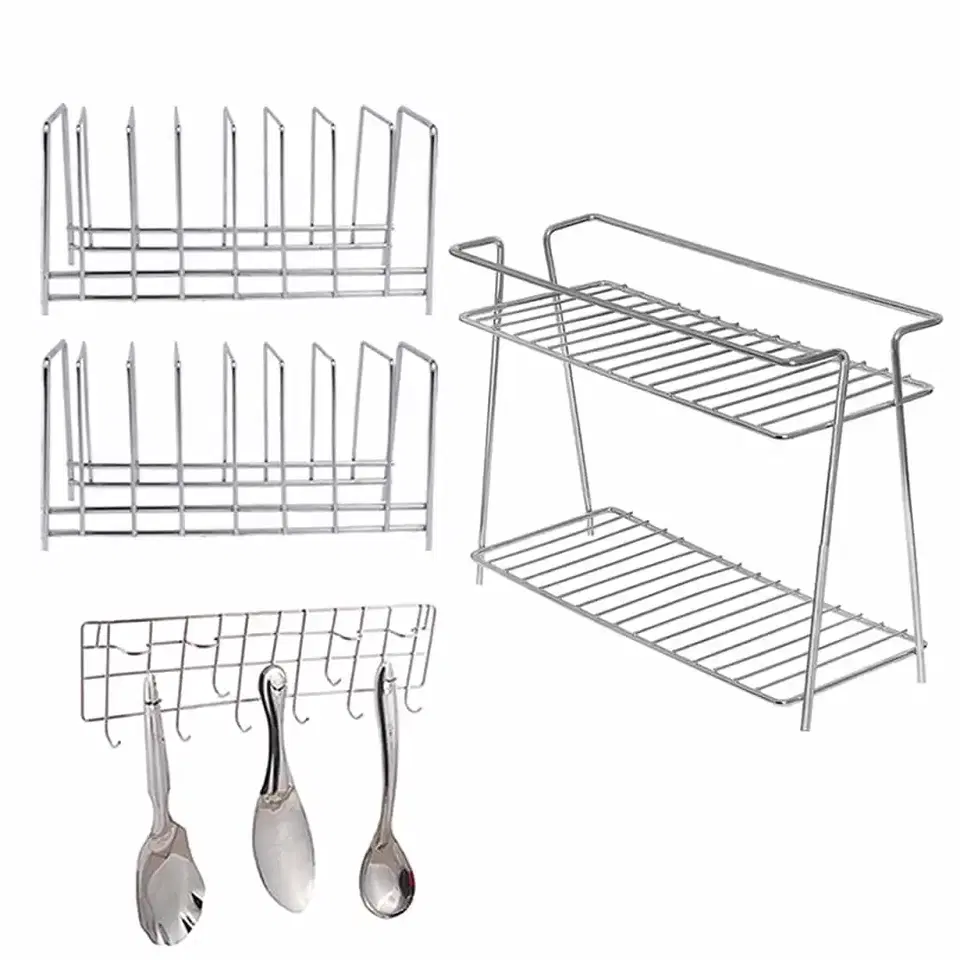 Oc9 Stainless Steel Spice Rack 2 Shelf & Plate Stand & Wall Mounted Ladle Hook Rail For Kitchen, Pack Of 2