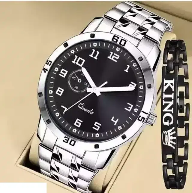 Analog Watch with Bracelet for Men, Pack of 2 (Silver & Black)