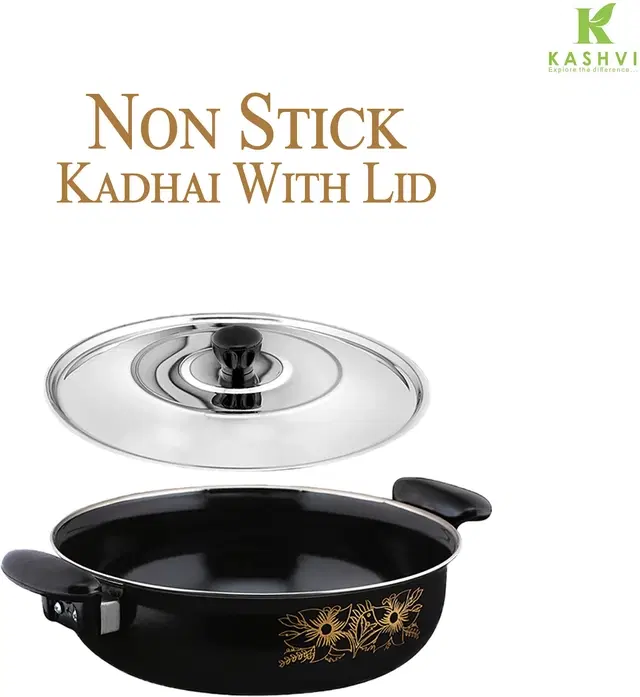 Cast Iron Kadai with Lid, Black & Silver, 28 cm