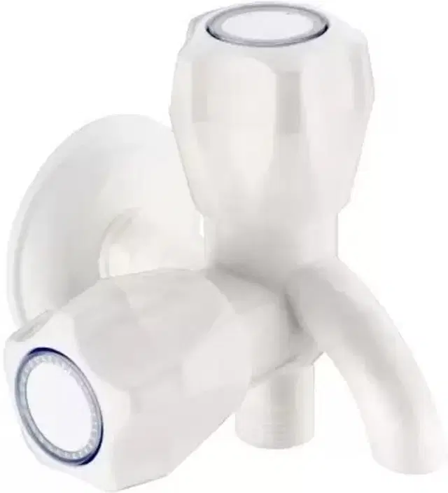 Plastic 2-in-1 Bib Cock Taps Faucet with Wall Flange, White, Set of 1