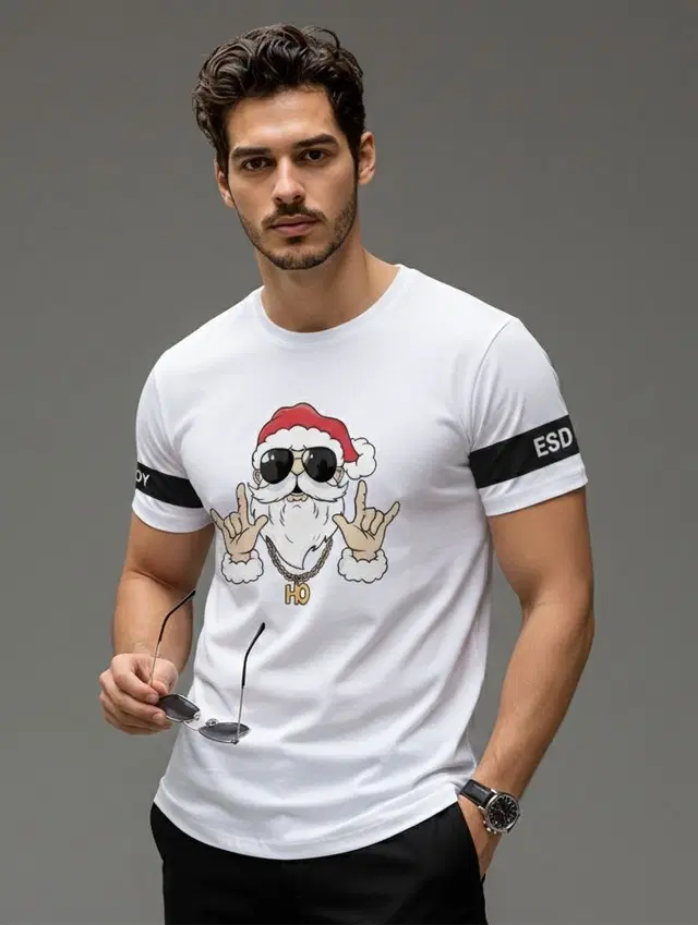 Polyester Printed T-shirt for Men, White (M)
