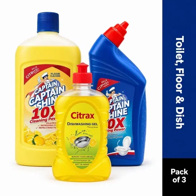 Captain Shine Floor Cleaner 500 ml (Citrus) + Captain Shine Toilet Cleaner 500 ml + Citrax Dishwash Gel 500 ml (Bottle)