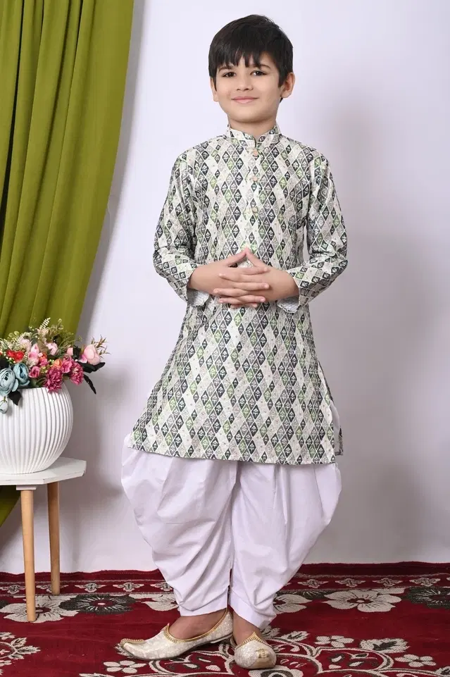 Dupion Silk Printed Kurta with Dhoti for Boys, Multicolor (6-12 Months)