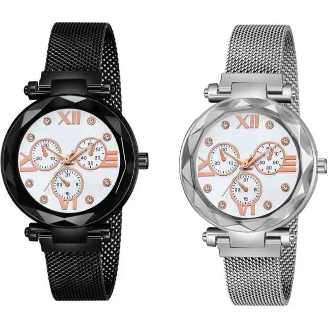 Casual Metal Analog Watch Combo Women, Pack Of 2 (Black & Silver) (MP-717)