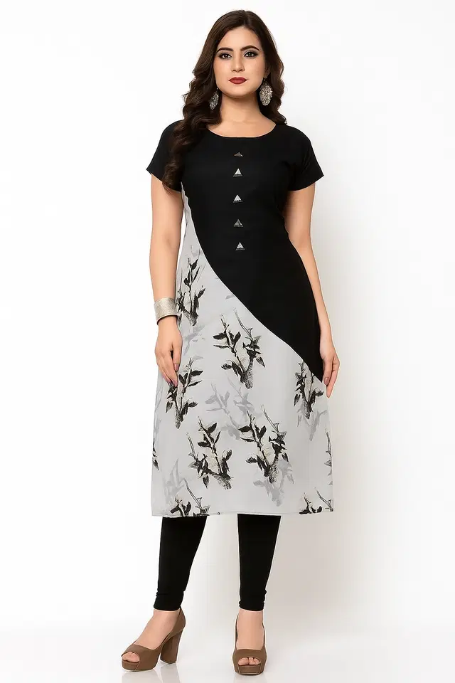 Printed Kurti for Women, Black (XL)