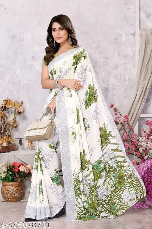 Georgette Printed Saree for Women, Green (6.3 m)