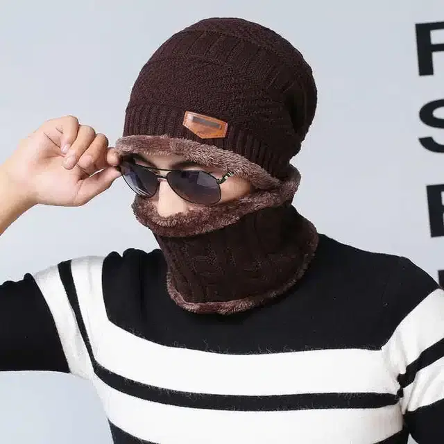Woolen Solid Beanie Cap with Neck Scarf for Unisex (Brown, Free Size)