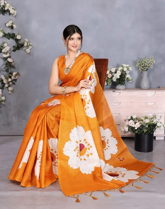 Printed Kalamkari Assam Art Silk Saree with Blouse for Women (Mustard, Free Size)