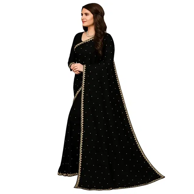 Lycra Beaded Saree for Women (Black)