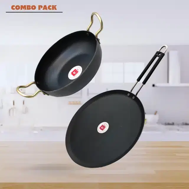 Iron Deep Bottom Kadai with Tawa, Black, Set of 2