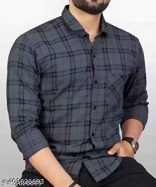 Cotton Blend Checkered Shirt for Men, Dark Grey (M)