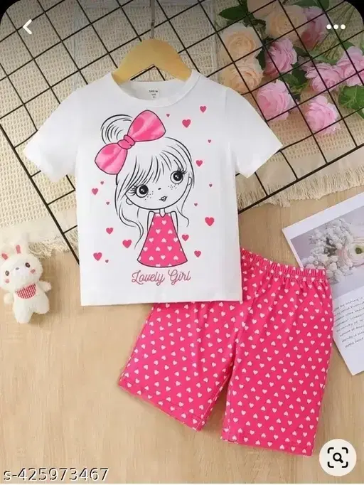 Cotton Blend Printed Clothings Set for Girls, Pink & White (5-6 Years)