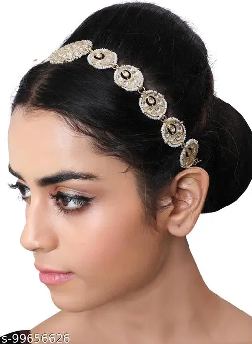 White Kundan Pearl Mathapatti for Women (White, Free Size)