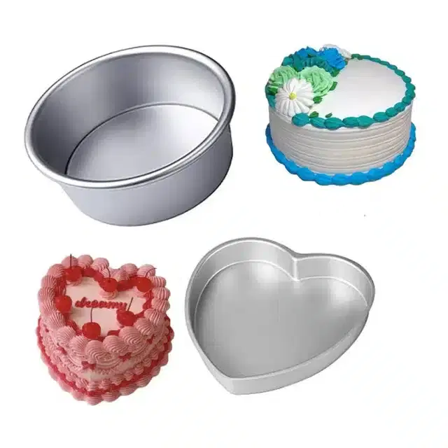 Aluminium Round & Heart Shape Cake Mould for Kitchen, Silver, Set of 2